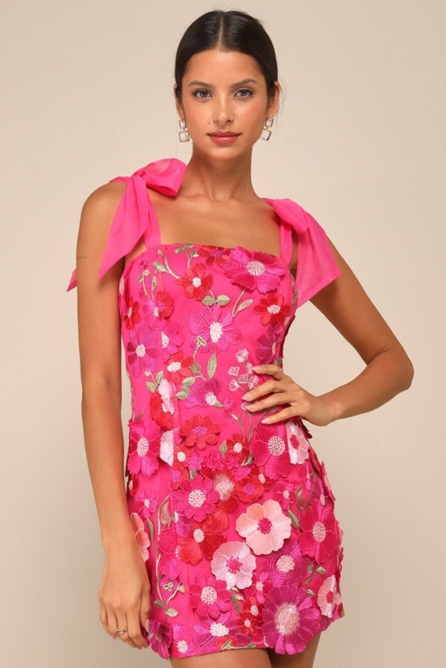 NWOT Lulus Emphatically Adorable Hot Pink Floral Tie-Strap Mini Dress S